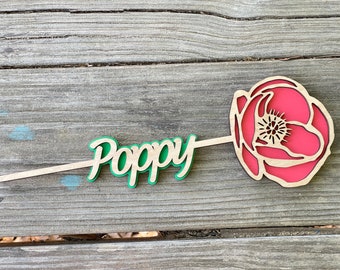 Poppy Name Flower Wooden Mother's Day Gift, Personalized Valentine's Day Prom Gift, August Birth Month Flower Anniversary Gift for Her