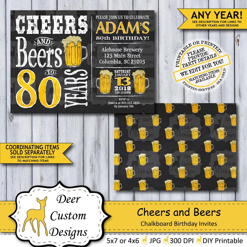 Cheers and Beers to 80 Years 80th Birthday Invite Cheers to 80 Cheers Birthday Chalkboard Birthday Invite Beer Party Man's Party image 1