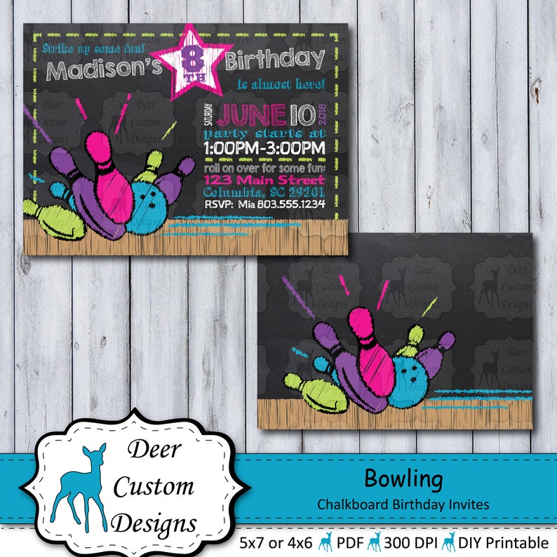 Bowling Birthday Invitation Bowling Chalkboard Birthday Invite Bowling Party Invitation Bowling Birthday Party Girl Bowling Party image 1