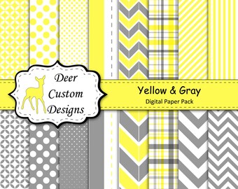 Yellow and Gray Digital Paper Pack | 16 Yellow & Grey Digital Scrapbook Papers | Commercial Use | Dots Plaid Stripes Chevrons Diagonals