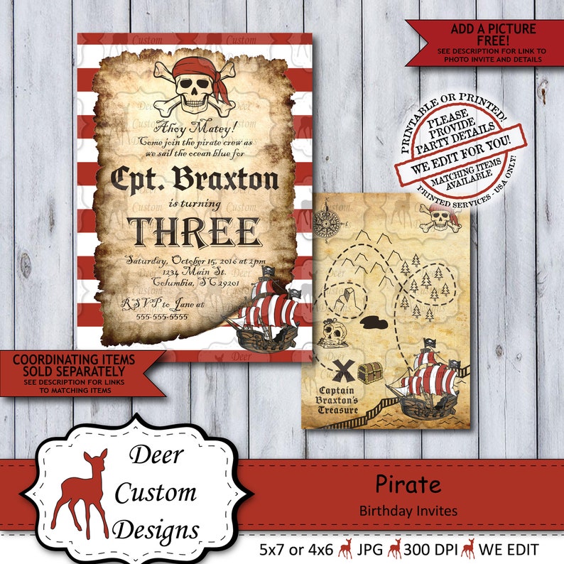 Pirate Birthday Invitation Ahoy Matey Pirate Birthday Invite Any Age Pirate Pool Party Printed or Printable Skull Treasure Map image 1
