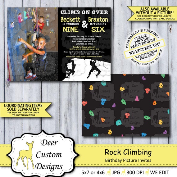 Rock Climbing Birthday Invitation | Boy, Girl, or Twin Indoor Climbing Birthday Invite | Photo Mountain Adventure Printable or Printed Il_570xn
