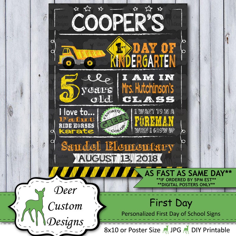 Back to School Sign First Day School Sign Printable or Printed Chalkboard First Day Poster First Day of Kindergarten Any Grade Construction