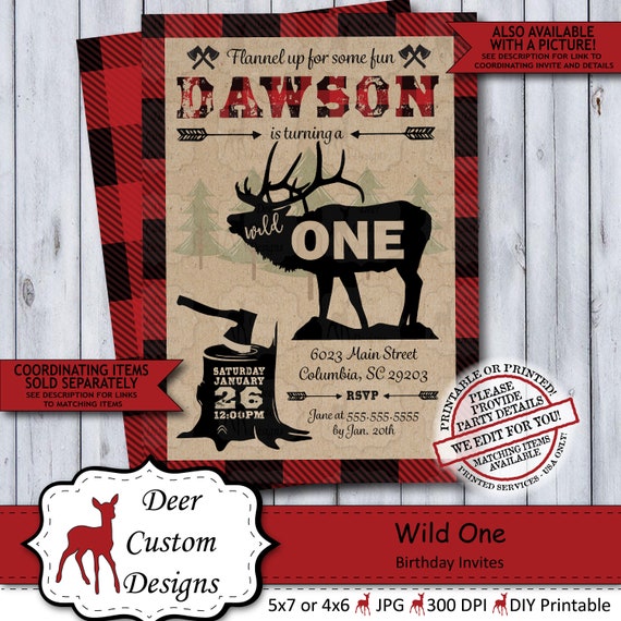 Wild One Lumberjack 1st Birthday Invitation | Rustic Woodland Plaid Flannel First Birthday Invite for a Boy | Printable or Printed Il_570xn