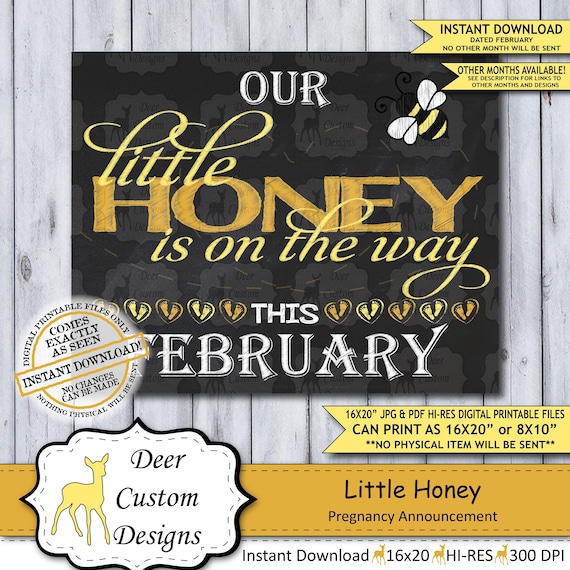 Little Honey Chalkboard Pregnancy Announcement Photo Prop | Spring Bumble Bee Baby Reveal Printable Poster | February Instant Download Sign Il_570xn