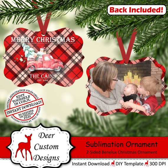 Christmas Red Truck Ornament Sublimation Template, Editable Plaid Family Name Date Benelux Ornament Design, Red Christmas Truck with Tree Il_570xn