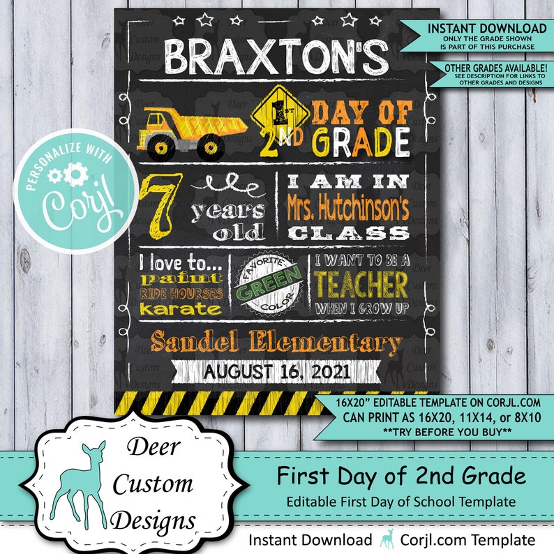 Back to School Sign Editable Template Construction First Day of 2nd Grade Printable Chalkboard Poster Corjl Instant Download Template image 1