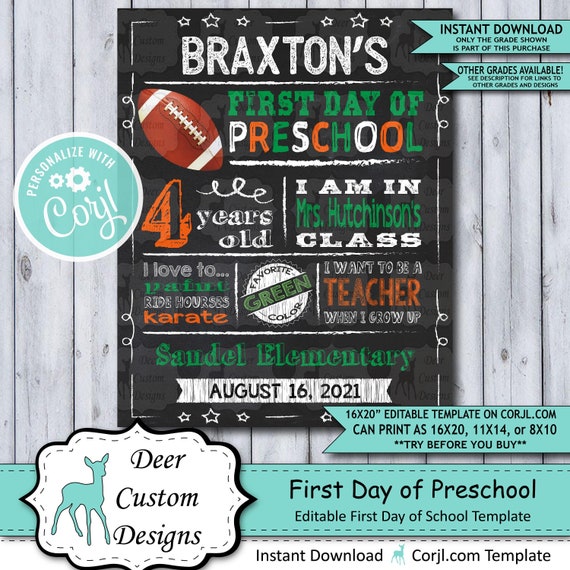 Back to School Sign Editable Template | Football First Day of Preschool Printable Chalkboard Poster | Corjl Instant Download Template Il_570xn