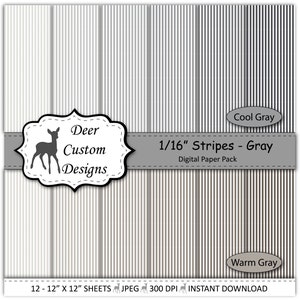 1/16" Stripes Digital Paper Pack | Pack of 12 Warm and Cool Gray Striped Scrapbook Paper | Instant Download | Commercial Use