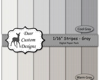 1/16" Stripes Digital Paper Pack | Pack of 12 Warm and Cool Gray Striped Scrapbook Paper | Instant Download | Commercial Use