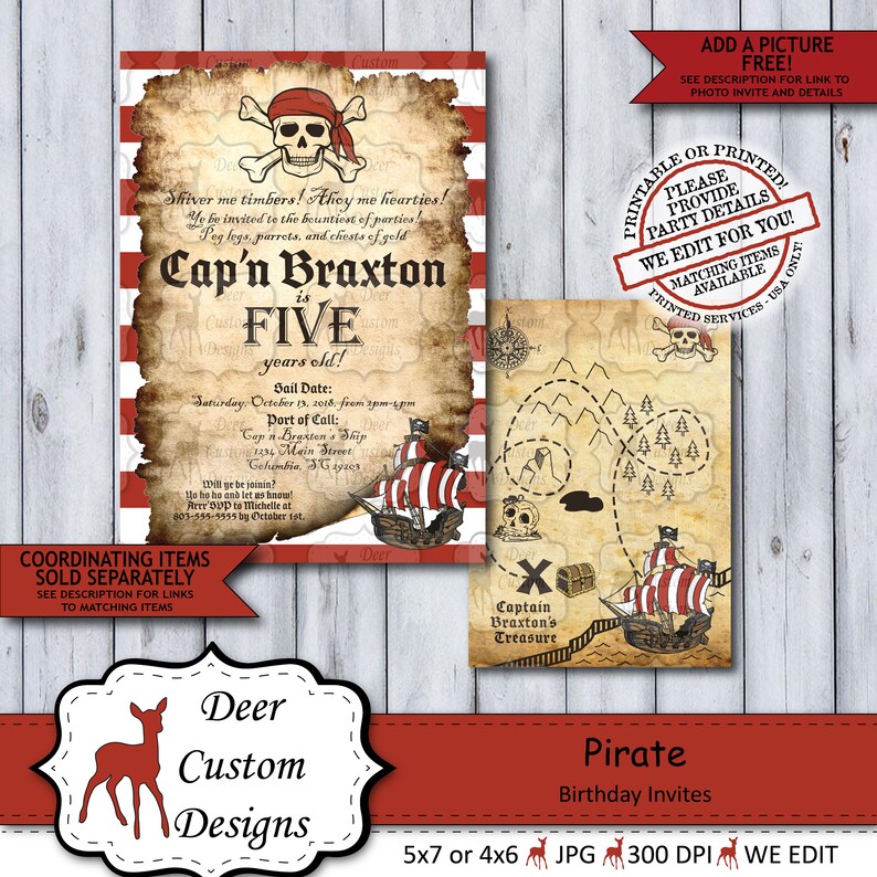 Pirate Birthday Invitation Ahoy Matey Pirate Birthday Invite Any Age Pirate Pool Party Printed or Printable Skull Treasure Map image 3