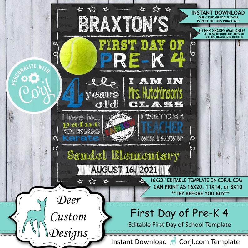 Back to School Sign Editable Template Tennis First Day of Pre-K 4 Preschool Printable Chalkboard Poster Corjl Instant Download Template image 1