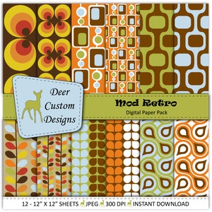 May include: A digital paper pack with 12 - 12" x 12" sheets of retro-inspired patterns in brown, orange, green, and blue. The patterns include circles, squares, and leaves. The text "Mod Retro Digital Paper Pack" is included in the image.