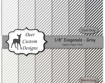1/8" Diagonal Stripes Digital Paper Pack | 12 Warm and Cool Gray Diagonal Stripes Scrapbook Paper | Instant Download