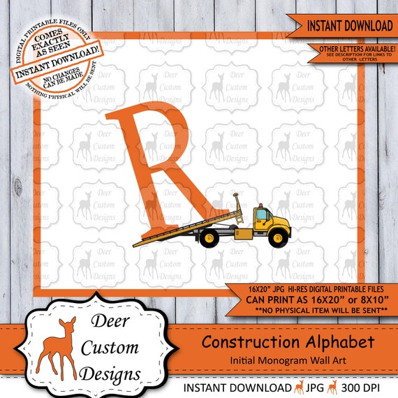 Letter R Print, Construction Vehicles Alphabet Printable Nursery Art ...