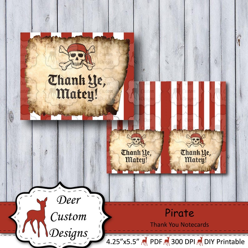 Pirate Thank You Notes Pirate Note Cards Pirate Birthday Party Boy's Thank You Notes Instant Download Printable Ahoy Matey Notes image 1