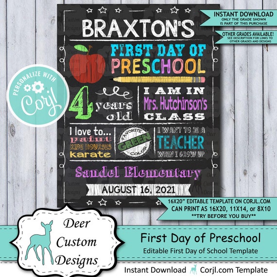 Back to School Sign Editable Template | Apple First Day of Preschool Printable Chalkboard Poster | Corjl Instant Download Template Il_570xn