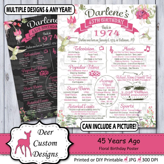Floral 45th Birthday Poster, Born in 1974 45 Years Ago Birthday Gift Sign, Printable or Printed Year You Were Born Chalkboard Poster Il_570xn