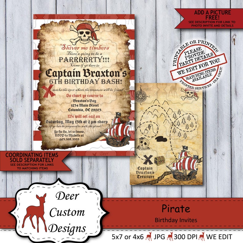 Pirate Birthday Invitation Any Birthday Pirate Birthday Invite Printed or Printable First Second Third Skull Treasure Map Ahoy image 6