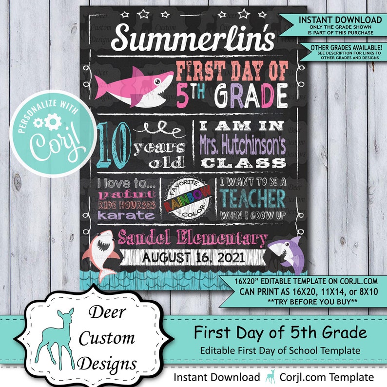Back to School Sign Editable Template  Baby Shark First Day image 1