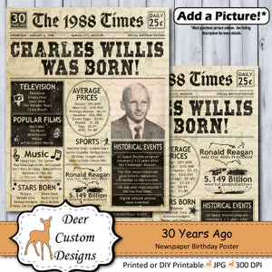 May include: A vintage newspaper style birthday poster with a photo of Ronald Reagan and the text "The 1988 Times" and "Charles Willis Was Born!"  The poster is designed to look like a newspaper from 1988.  It includes headlines, articles, and advertisements.  The poster is a printable digital download.