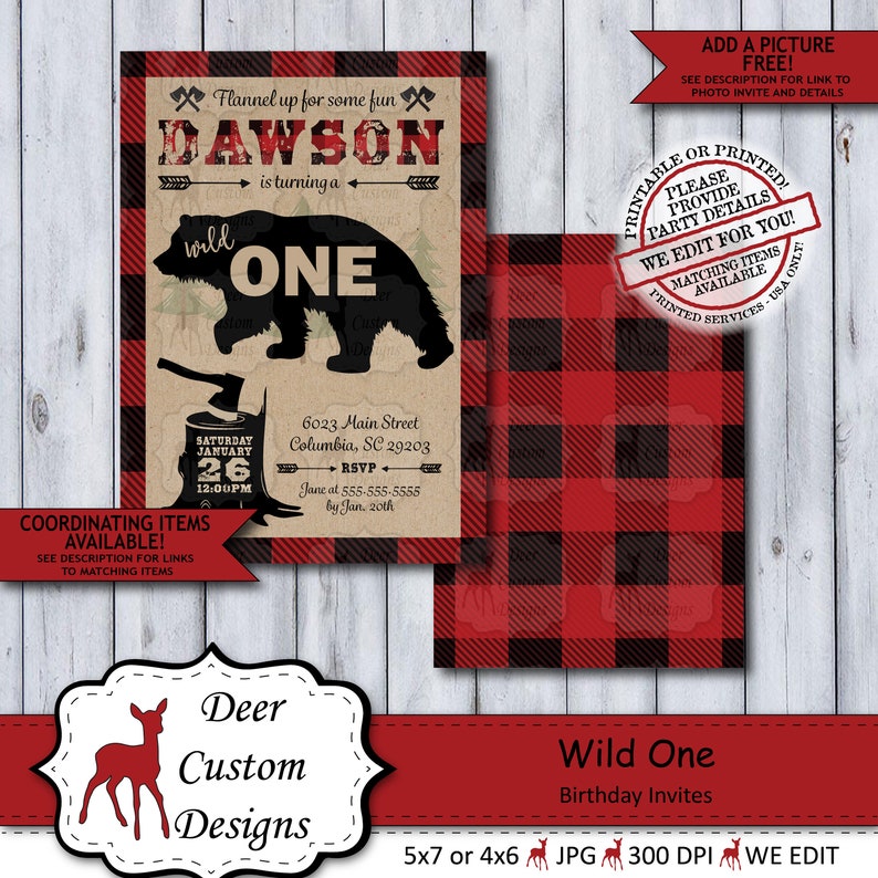 Wild One Lumberjack 1st Birthday Invitation Rustic Woodland Plaid Flannel First Birthday Invite for a Boy Printable or Printed image 2