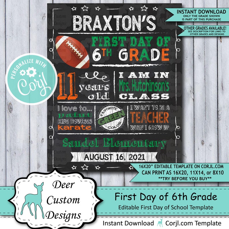 Back to School Sign Editable Template Football First Day 6th Grade Printable Chalkboard Poster Corjl Instant Download Template Sixth image 1