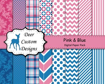 Pink and Blue Digital Paper Pack | 16 Pink & Blue Digital Scrapbook Papers | Commercial Use | Dots Plaid Stripes Chevrons Diagonals