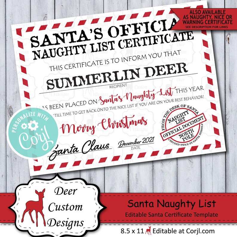 Santa Claus Official Naughty List Certificate, Personalized Santa Mail Corjl Template, Editable Digital Printable Naughty Nice List Warning image 1