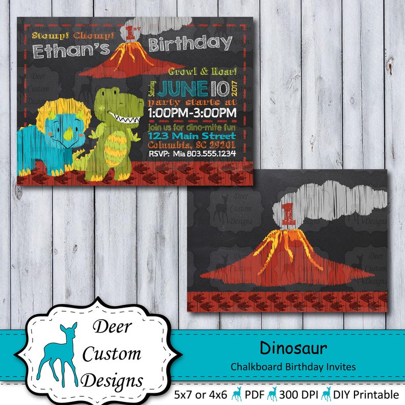 Dinosaur Birthday Invitation  Any Birthday  Dino Chalkboard image 1
