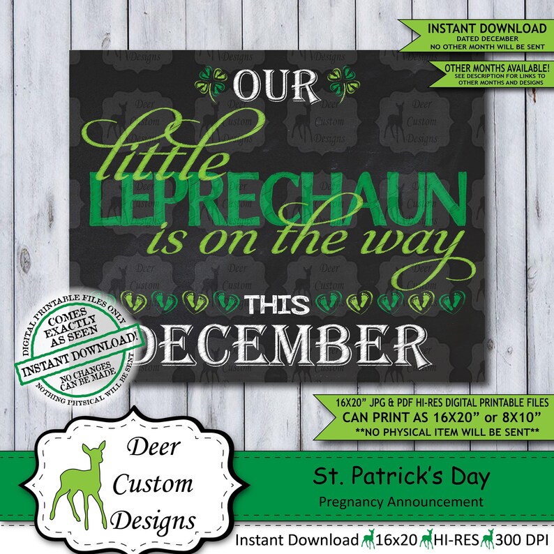 St. Patrick's Day Chalkboard Pregnancy Announcement Photo Prop Leprechaun Baby Reveal Printable Poster December Instant Download Sign image 1