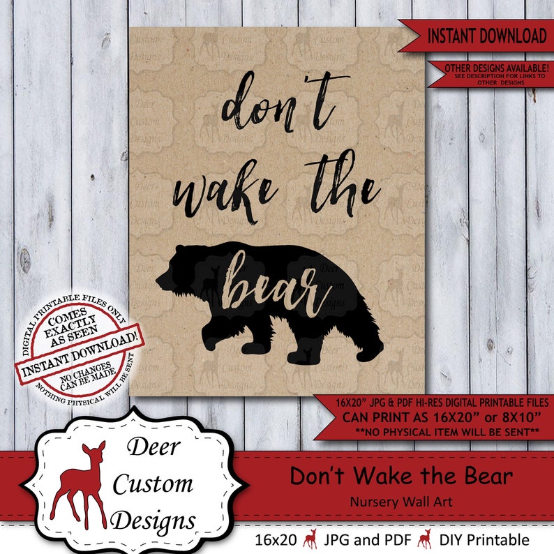 Don't Wake the Bear Lumberjack Nursery Wall Art Poster Instant Download Bear Rustic Woodland Wilderness Plaid Sign for a Boy Nursery image 1