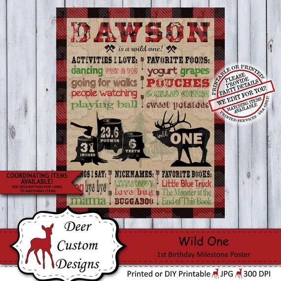Wild One Lumberjack 1st Birthday Milestone Poster | Rustic Wilderness Plaid Flannel First Birthday Sign for a Boy | Printable or Printed Il_570xn