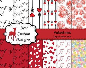 Valentines Digital Paper Pack | 12 Valentines Digital Scrapbook Papers | Commercial Use | Valentines February 14 Hearts Arrows Love Candy