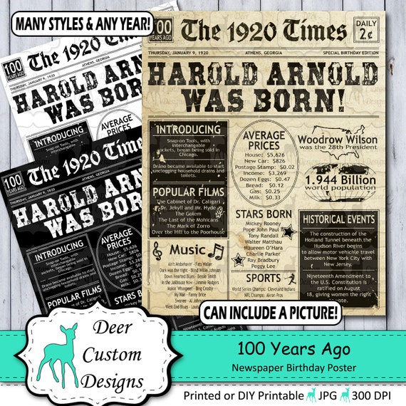 100th Birthday Poster | 100th Anniversary Poster | Newspaper Poster | 100 Years Ago Sign | Birthday Sign | Anniversary Sign | 1920 Il_570xn