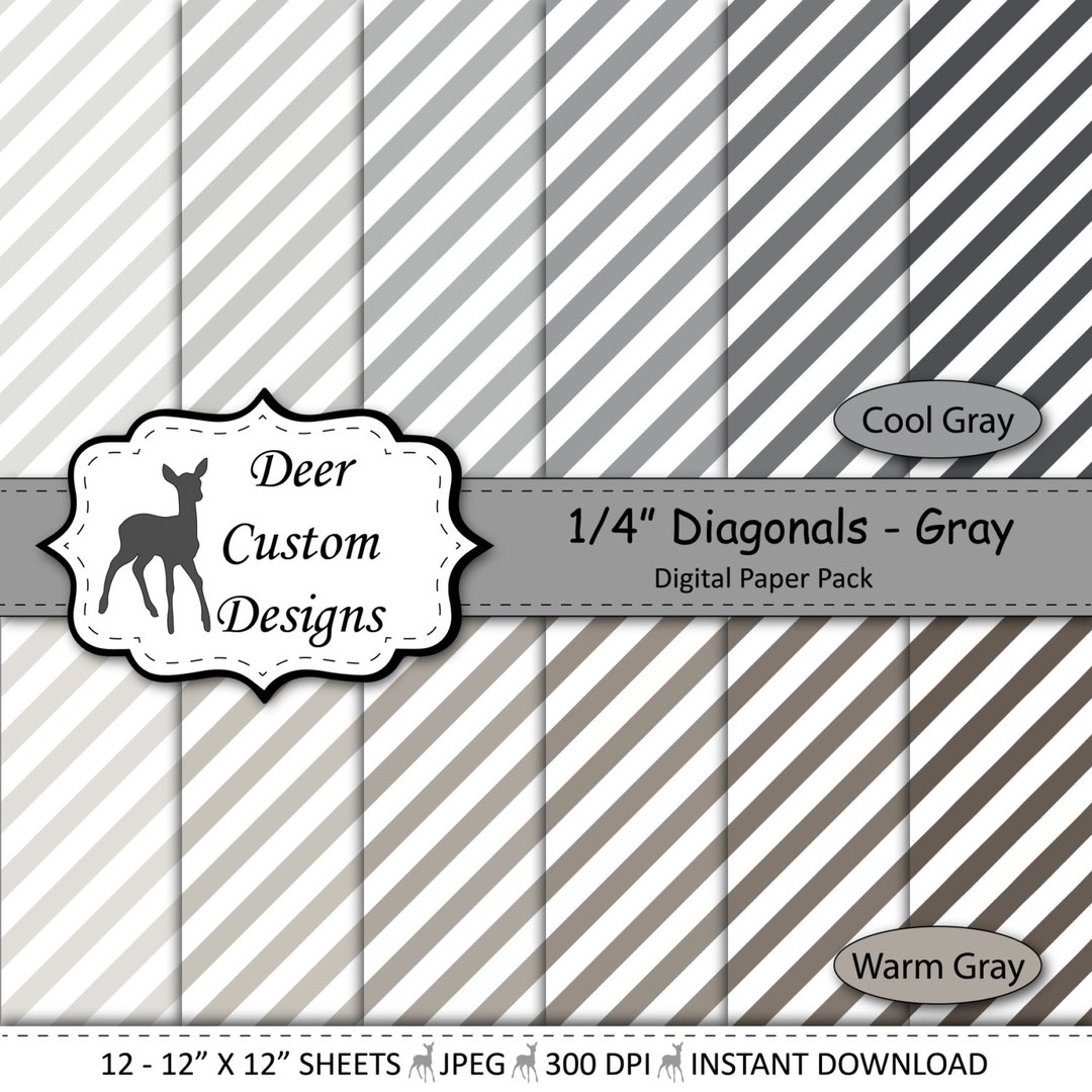 1/4" Diagonal Stripes Digital Paper Pack | 12 Warm and Cool Gray ...