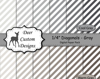 1/4" Diagonal Stripes Digital Paper Pack | 12 Warm and Cool Gray Diagonal Stripes Scrapbook Paper | Instant Download