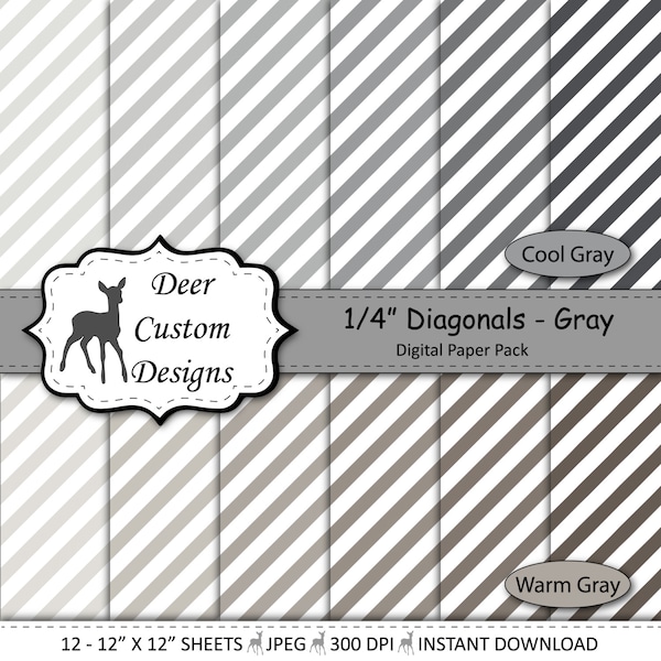 1/4" Diagonal Stripes Digital Paper Pack | 12 Warm and Cool Gray Diagonal Stripes Scrapbook Paper | Instant Download