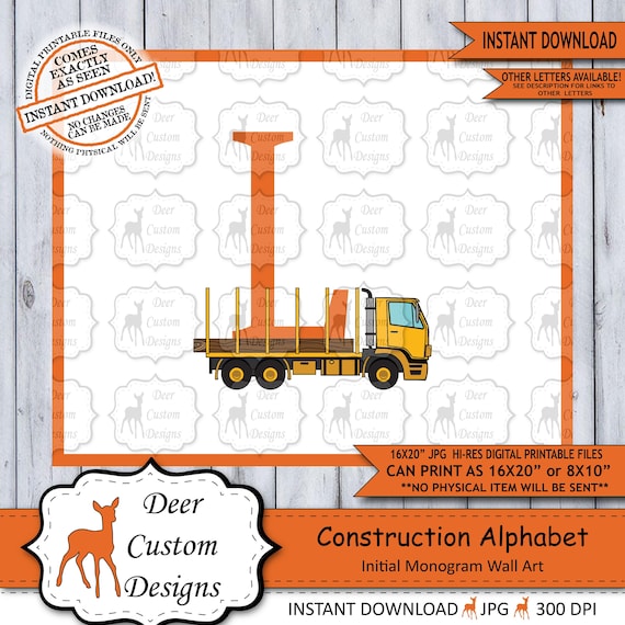 Letter L Print, Construction Vehicles Alphabet Printable Nursery Art Decor, Boys Monogram, Boy Name Baby Shower Gift, Instant Download Il_570xn