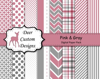 Pink and Gray Digital Paper Pack | 16 Pink & Grey Digital Scrapbook Papers | Commercial Use | Dots Plaid Stripes Chevrons Diagonals