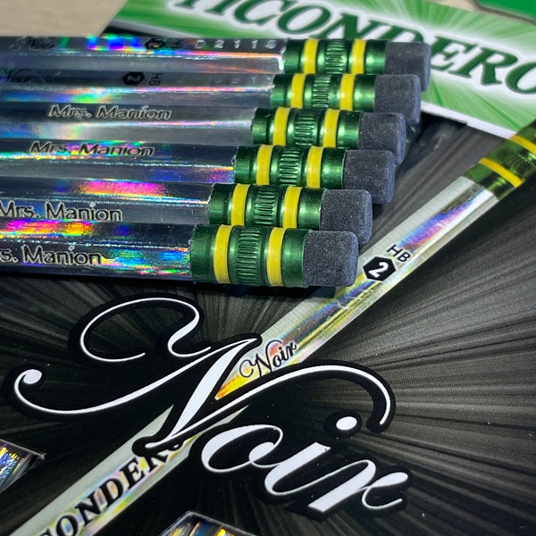 Personalized Engraved Ticonderoga Noir #2 Pencils for Back to School Teacher or Kindergarten Pre-K Gift | Holographic Elementary Fun Pencil