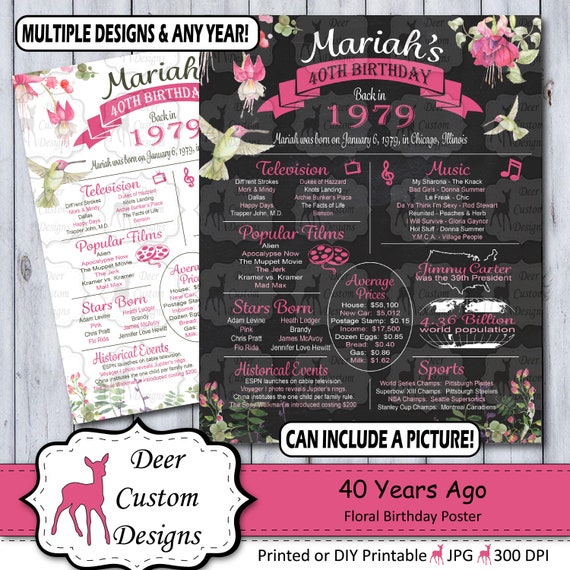 Floral 40th Birthday Poster, Born in 1979 40 Years Ago Birthday Gift Sign, Printable or Printed Year You Were Born Chalkboard Poster Il_570xn