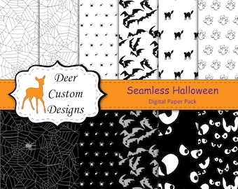 Seamless Halloween Digital Paper Pack | 12 Halloween Digital Scrapbook Papers | Commercial Use | October 31 Ghosts Bats Cats Spiders Spooky