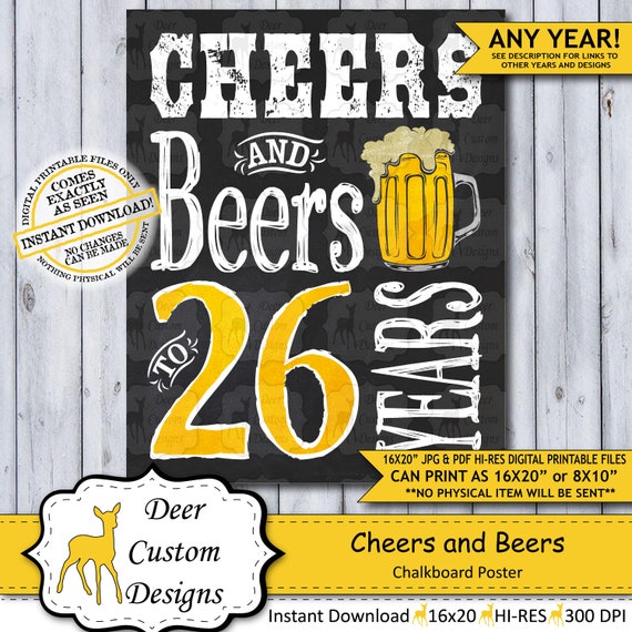 Cheers and Beers 26 Years | 26th Birthday Poster | Cheers to 26 | Cheers Birthday | Chalkboard Birthday Poster | Beer Sign | Man's Birthday Il_570xn