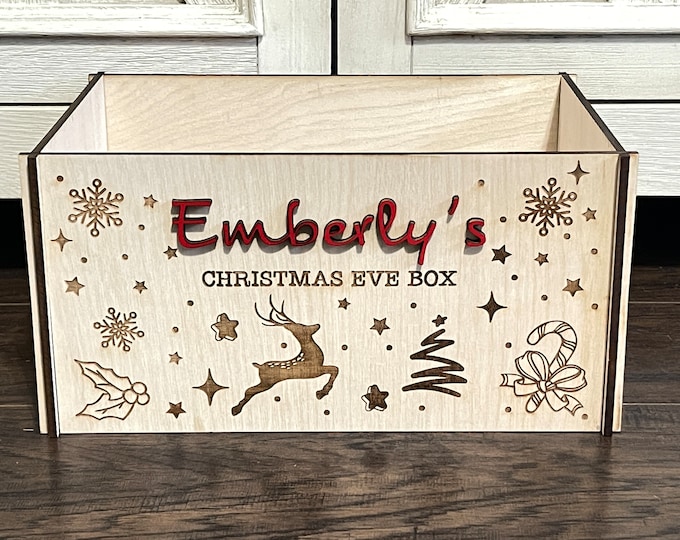 Featured listing image: Personalized Wooden Christmas Eve Box | Customized Child's Holiday Crate | Custom Laser Engrave Elf Gift Crate | Kid's Holiday Tradition Box