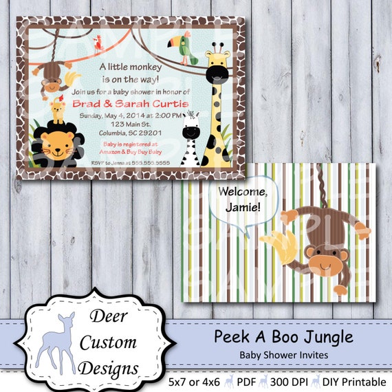 Peek A Boo Jungle Baby Shower Invitation | Peek A Boo Jungle Nursery by Lambs & Ivy | Printable or Printed | Safari Lion Monkey Giraffe Il_570xn