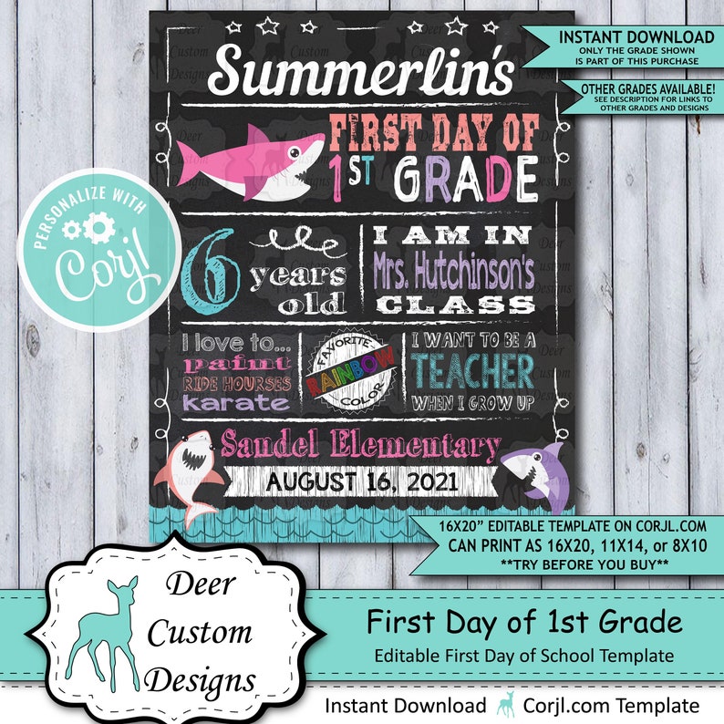 Back to School Sign Editable Template Baby Shark First Day of 1st Grade Printable Chalkboard Poster Corjl Instant Download Template image 1