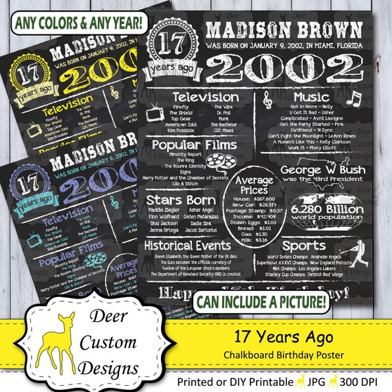 17th Birthday Poster, 17 Years Ago Birthday Sign, Born in 2002 Birthday Gift, Year You Were Born Chalkboard Poster, Printable or Printed Il_570xn