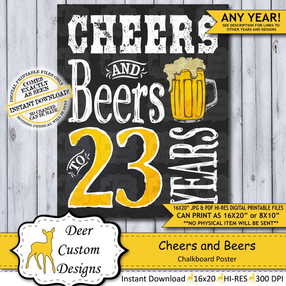 Cheers and Beers 23 Years | 23rd Birthday Poster | Cheers to 23 | Cheers Birthday | Chalkboard Birthday Poster | Beer Sign | Man's Birthday Il_570xn