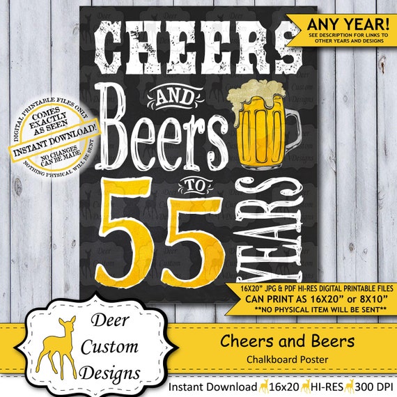 Cheers and Beers to 55 Years Chalkboard Poster | Instant Download Man's 55th Birthday Beer Sign | Poster Only Il_570xn